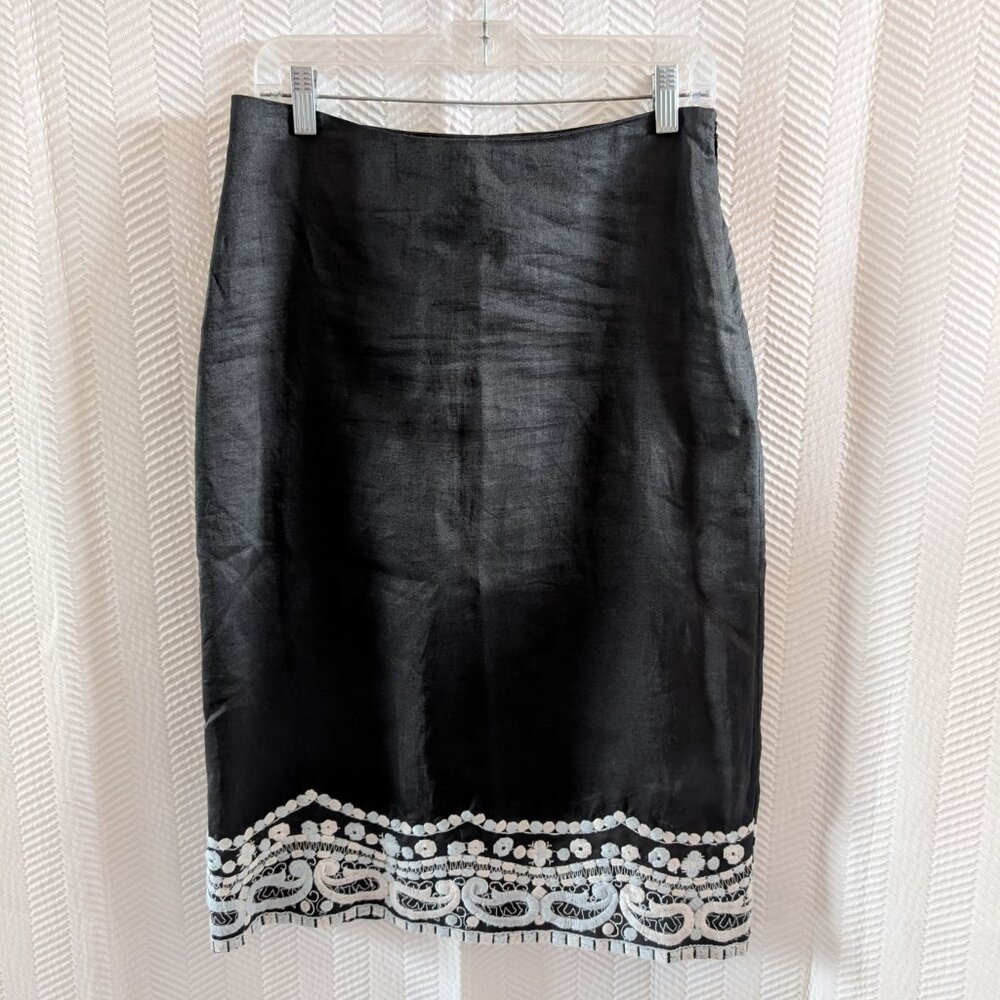 Anne Carson Vintage Black Midi Skirt Embroidered hem 100% Ramie Size 8 Boho